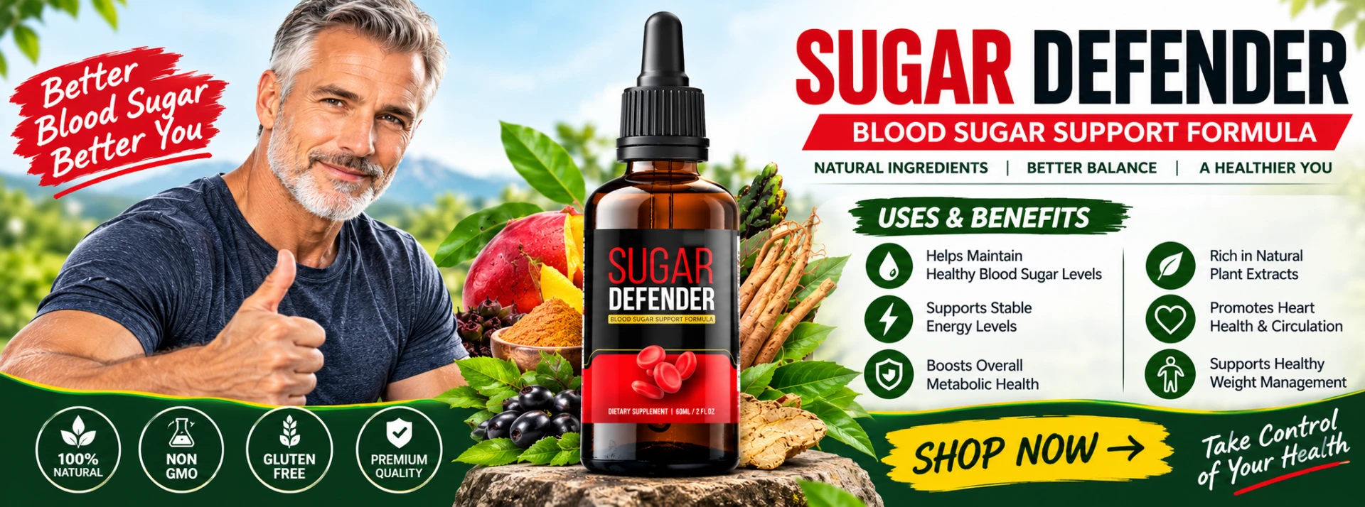 User-supplied Sugar Defender promotional banner featuring a bottle and advertised product benefits